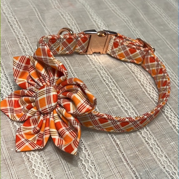 Babole Pet Fall Girl Dog Collar Flower Tie, Orange Striped Plaid Floral Collar - Picture 7 of 9